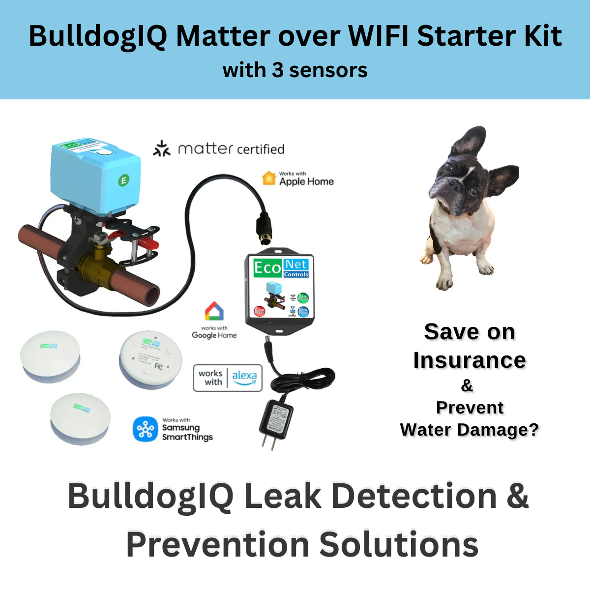 BulldogIQ Matter over WIFI Starter Kit with 3 sensors - Easy Installation, No Plumbing Required, Smart Home Optional