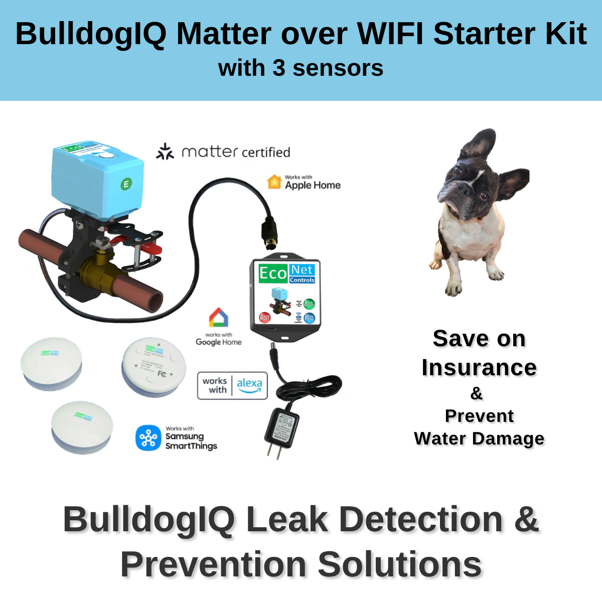 BulldogIQ Matter over WIFI Starter Kit with 3 sensors - Easy Installation, No Plumbing Required, Smart Home Optional