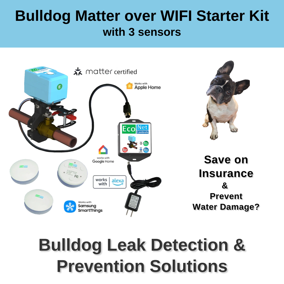 Bulldog Matter over WIFI Starter Kit with 3 sensors– Easy Installation, No Plumbing Required, Smart Home Optional